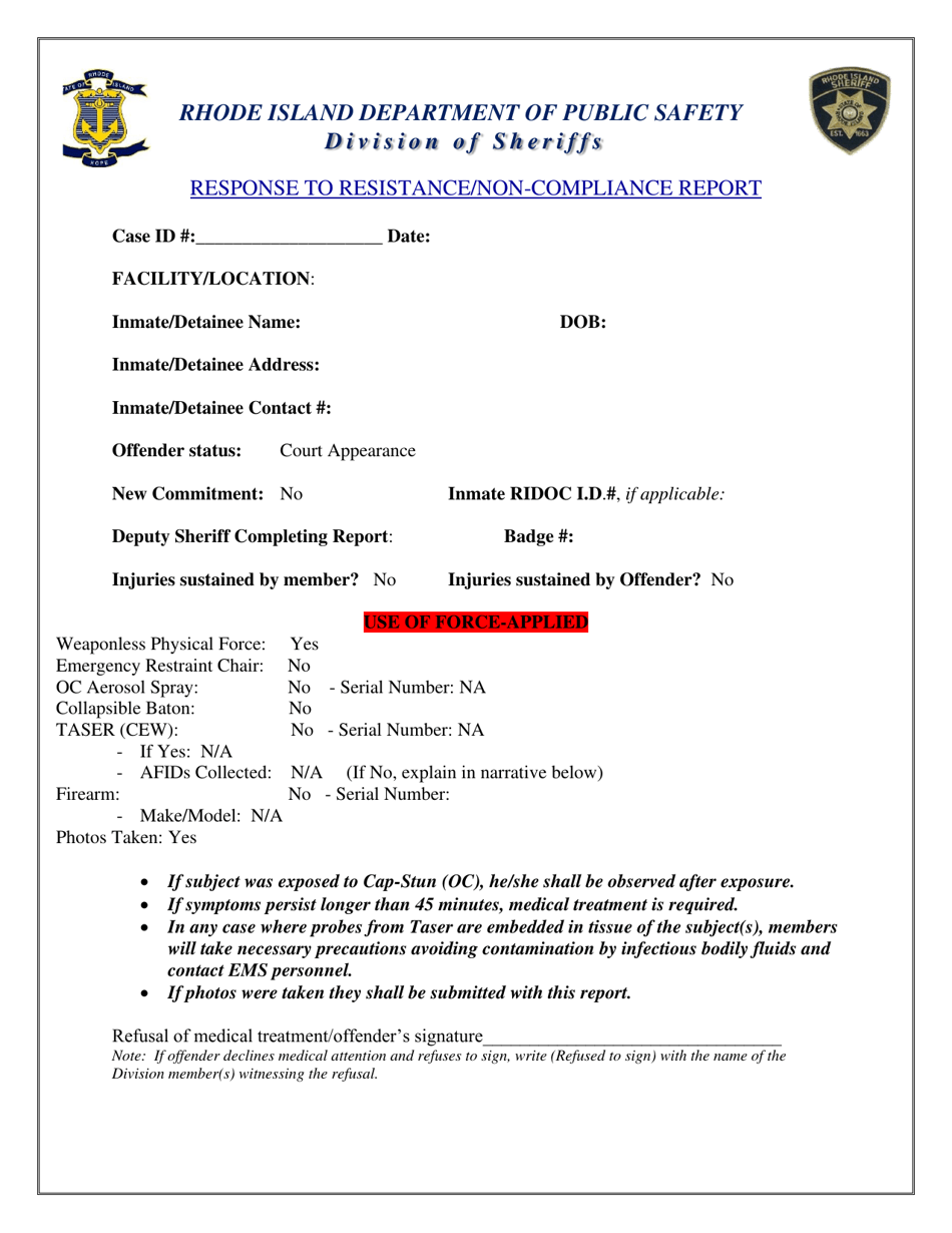 Response to Resistance / Non-compliance Report - Rhode Island, Page 1