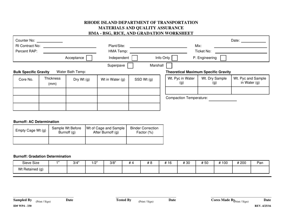 Form 330-WP4 Hma - Bsg, Rice, and Gradation Worksheet - Rhode Island, Page 1