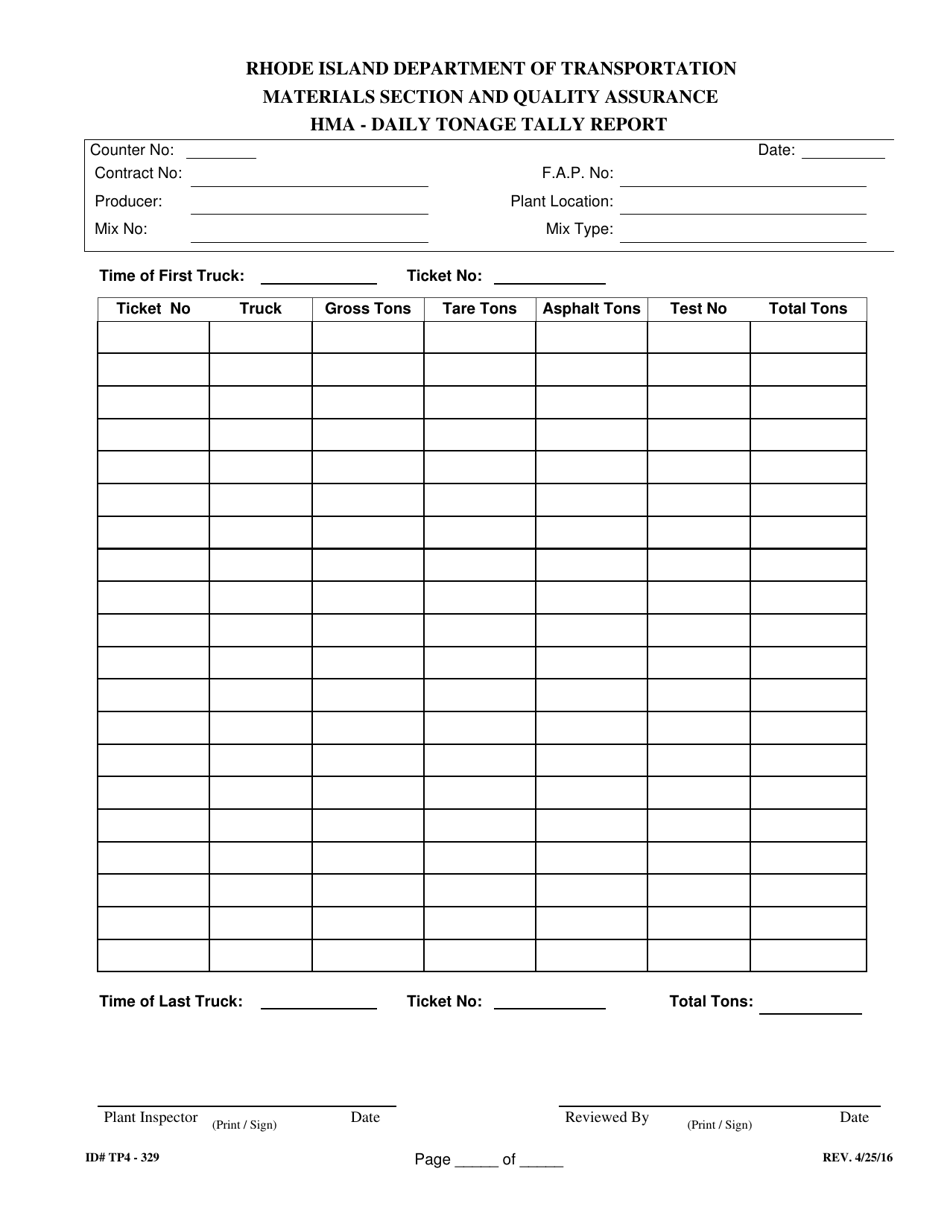 Form 329-TP4 Hma - Daily Tonage Tally Report - Rhode Island, Page 1