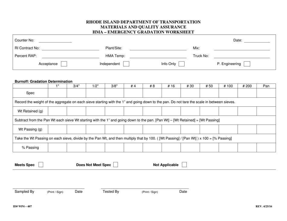 Form 407-WP4 Hma - Emergency Gradation Worksheet - Rhode Island, Page 1
