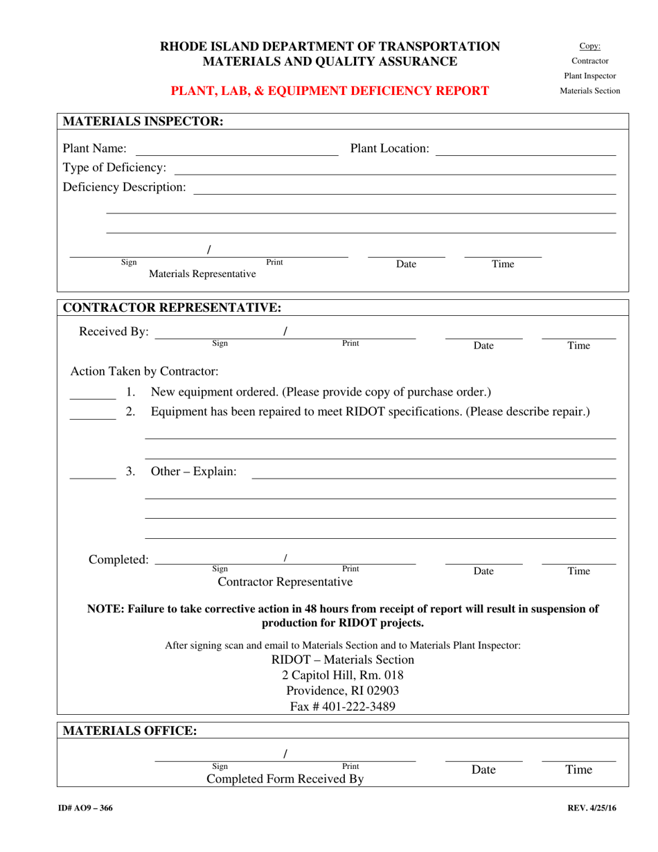 Form 366-AO9 Plant, Lab,  Equipment Deficiency Report - Rhode Island, Page 1