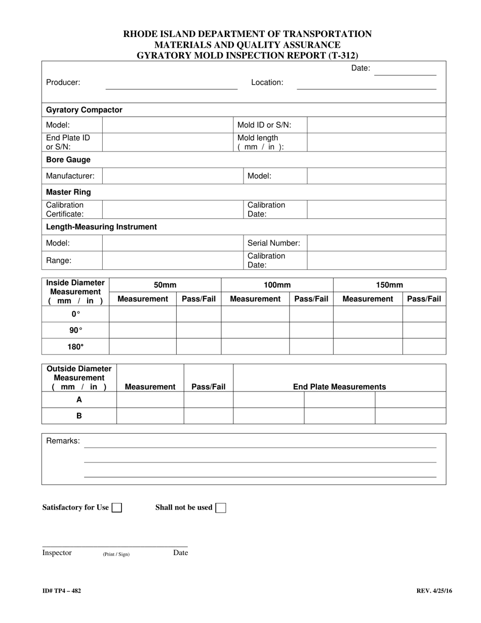 Form TP4-482 Gyratory Mold Inspection Report (T-312) - Rhode Island, Page 1