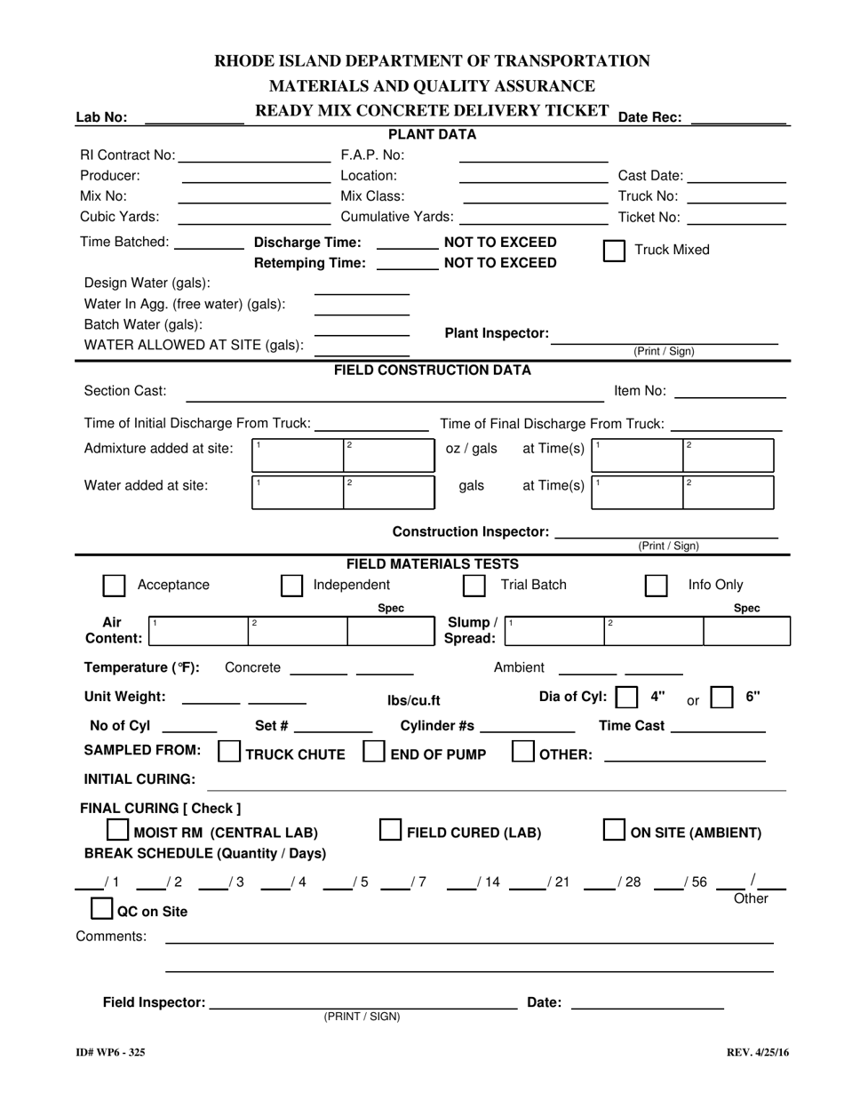 Form WP6-325 Ready Mix Concrete Delivery Ticket - Rhode Island, Page 1