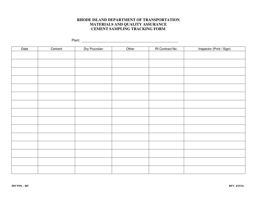 Form 405-WP6 Cement Sampling Tracking Form - Rhode Island