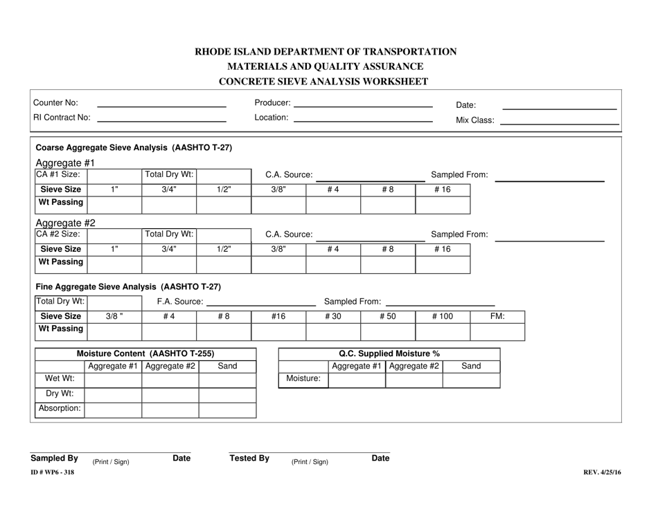 Form 318-WP6 Concrete Sieve Analysis Worksheet - Rhode Island, Page 1