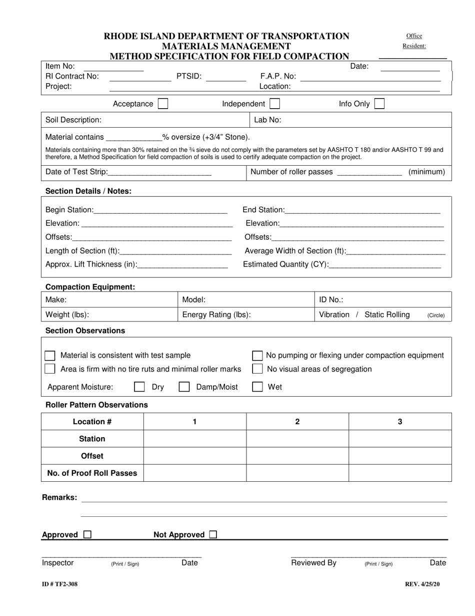 Form 308-TF2 Method Specification for Field Compaction - Rhode Island, Page 1
