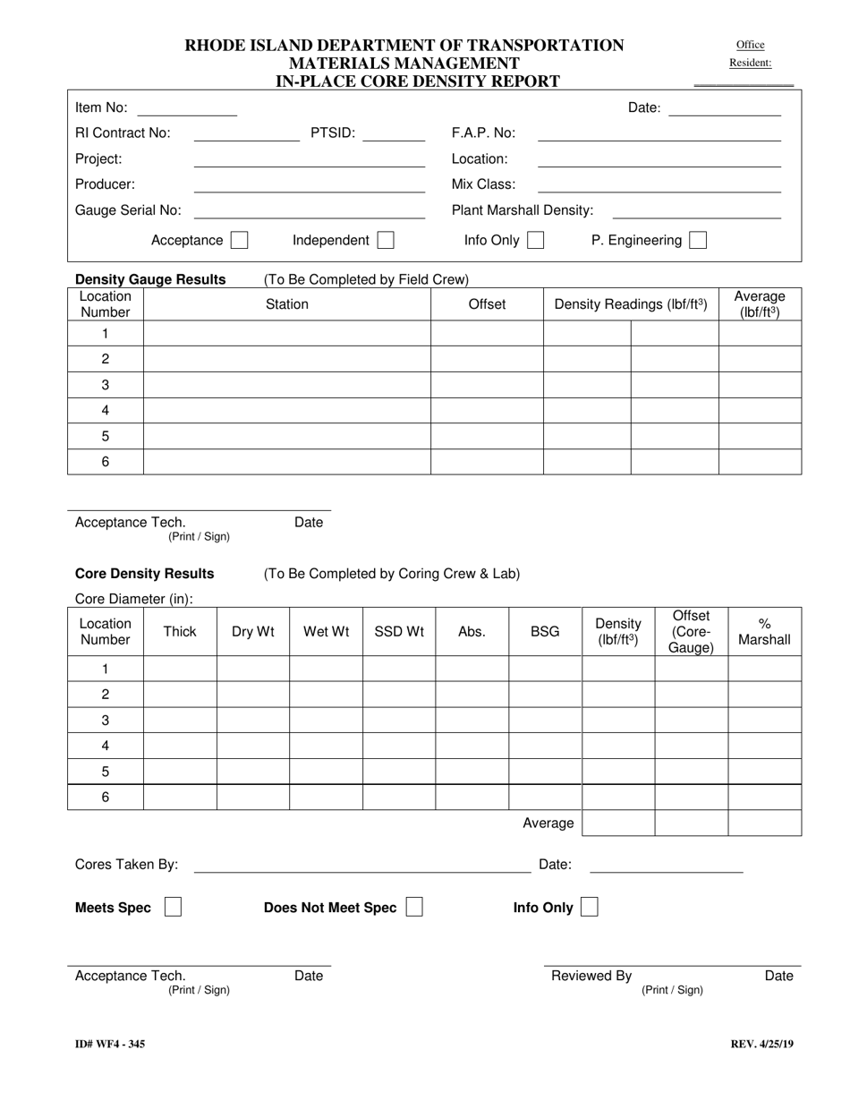 Form 345-WF4 In-place Core Density Report - Rhode Island, Page 1