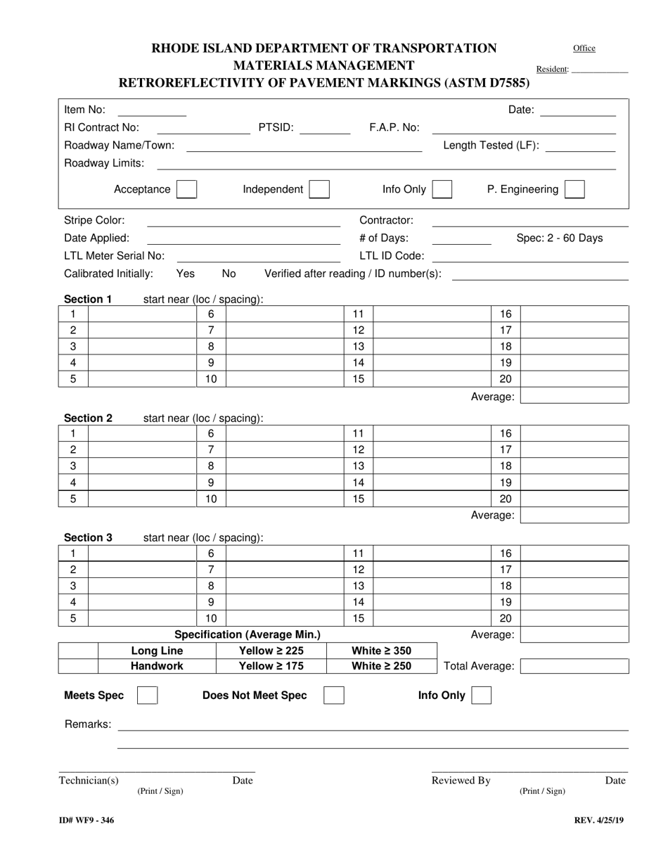 Form 346-WF9 Retroreflectivity of Pavement Markings - Rhode Island, Page 1