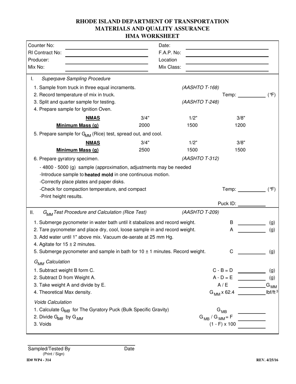 Form WP4-314 Hma Worksheet - Rhode Island, Page 1