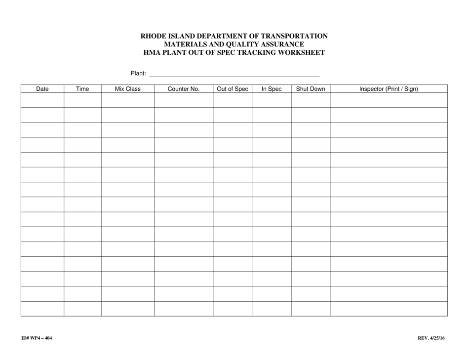 Form 404-WP4 Hma Plant out of Spec Tracking Worksheet - Rhode Island, Page 1