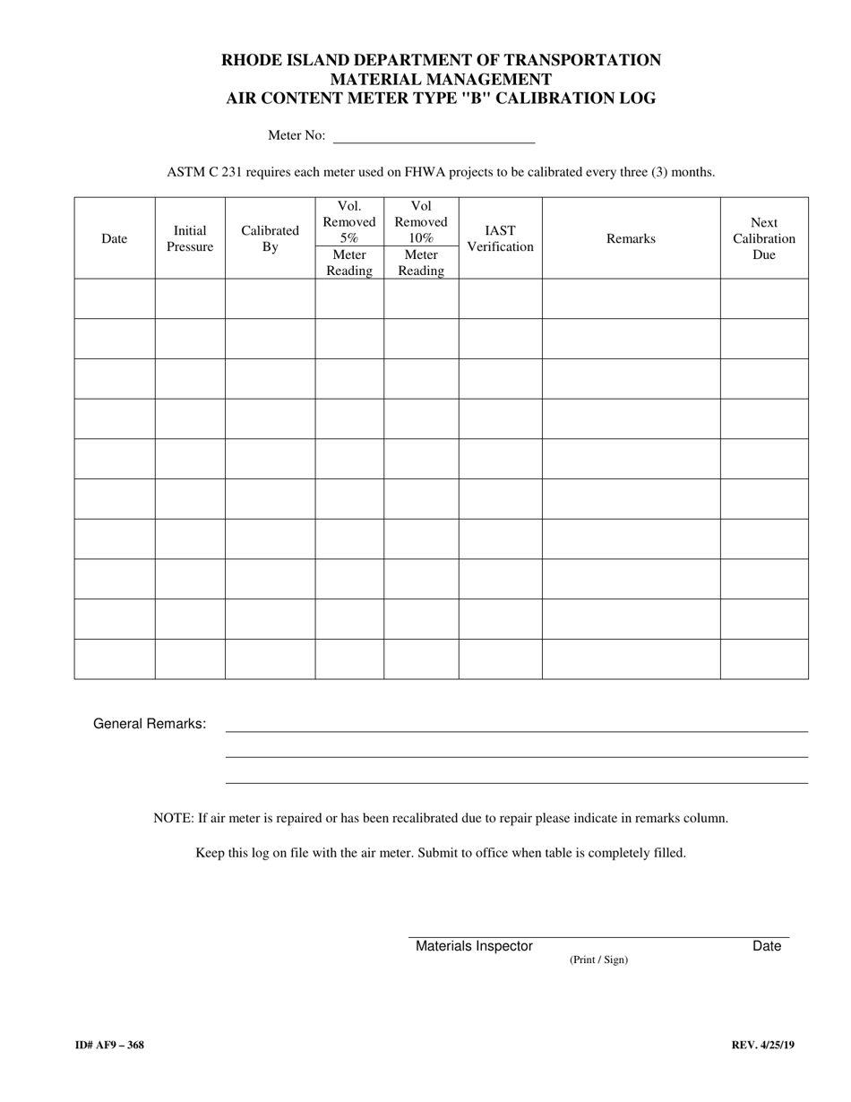 Form 368-AF9 Air Content Meter Type b Calibration Log - Rhode Island, Page 1