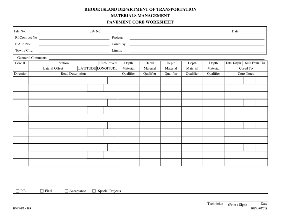 Form 388-WF2 Pavement Core Worksheet - Rhode Island, Page 1