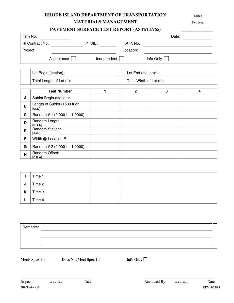 Form 410-TF4 Pavement Surface Test Report - Rhode Island, Page 1