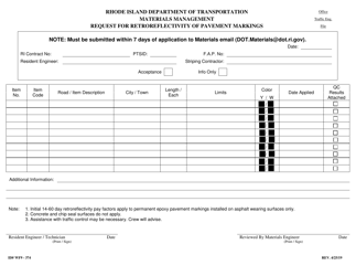 Form 374-WF9 &quot;Request for Retroreflectivity of Pavement Markings&quot; - Rhode Island