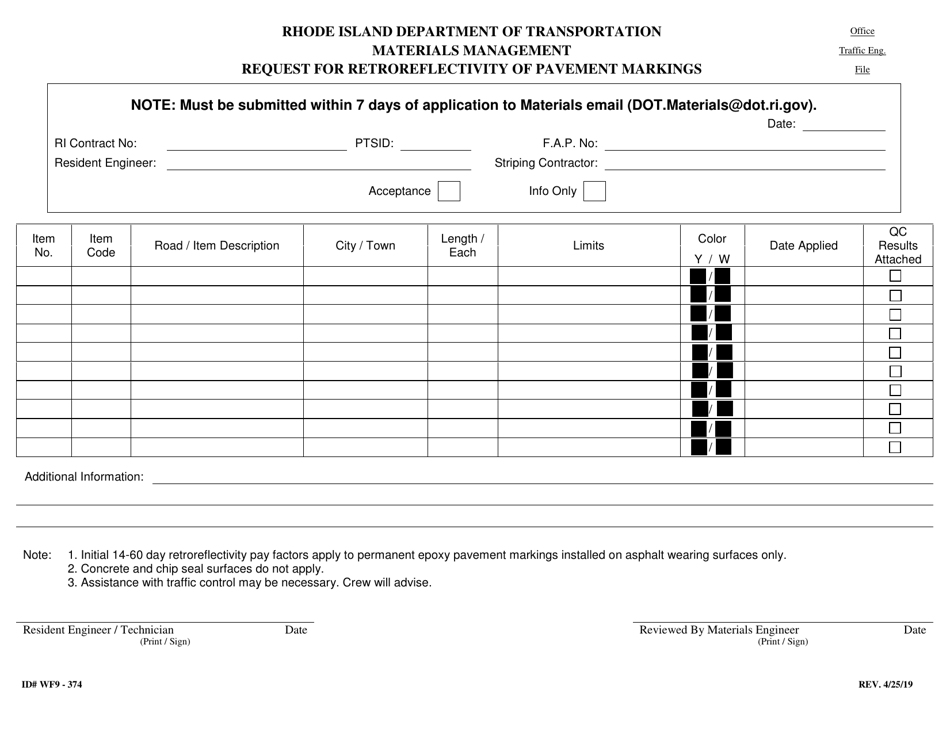 Form 374-WF9 Request for Retroreflectivity of Pavement Markings - Rhode Island, Page 1