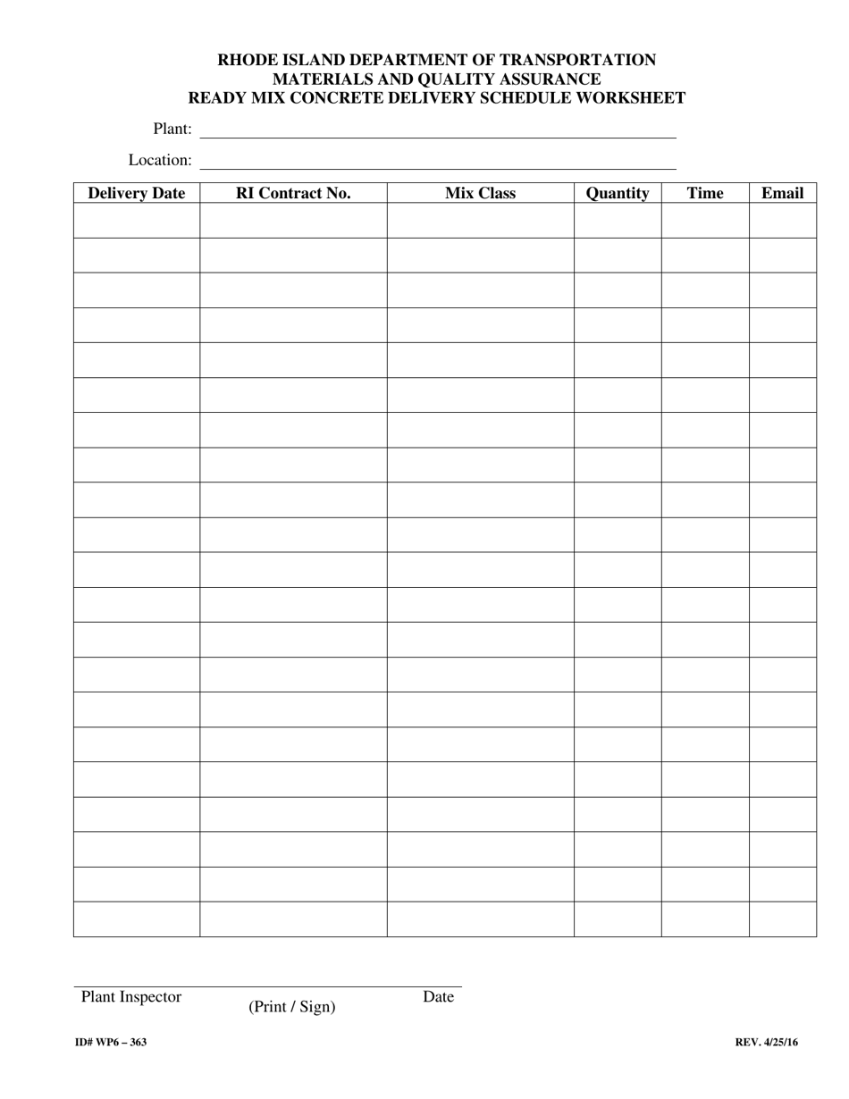 Form 363-WP6 Ready Mix Concrete Delivery Schedule Worksheet - Rhode Island, Page 1