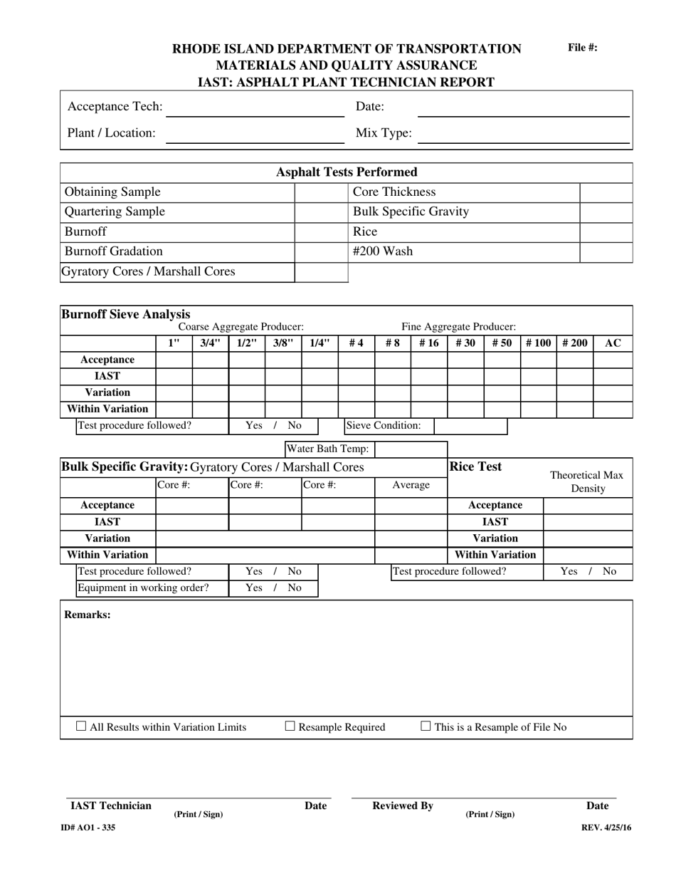 Form 335-AO1 Iast: Asphalt Plant Technician Report - Rhode Island, Page 1