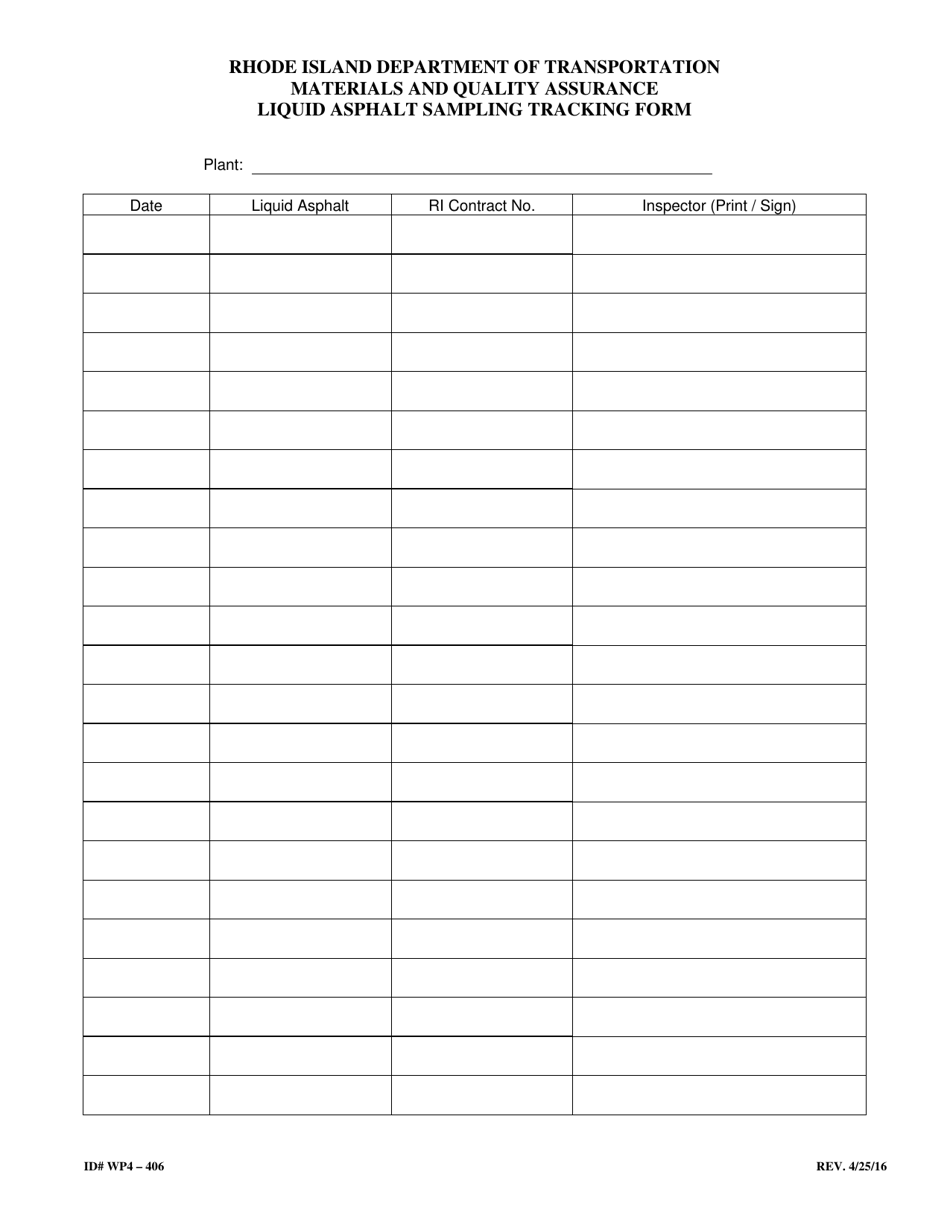 Form 406-WP4 Liquid Asphalt Sampling Tracking Form - Rhode Island, Page 1