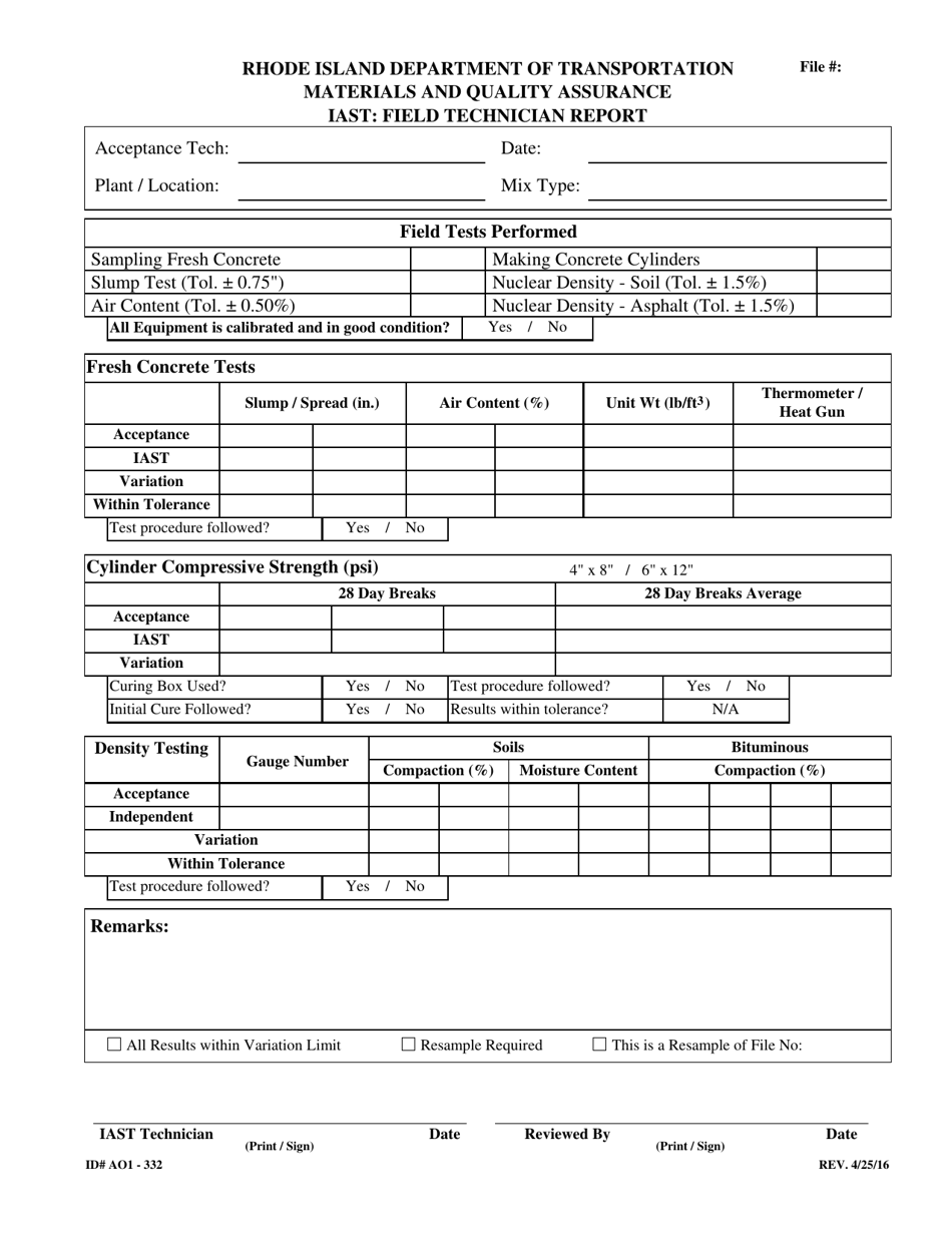 Form AO1-332 Iast Field Technician Report - Rhode Island, Page 1