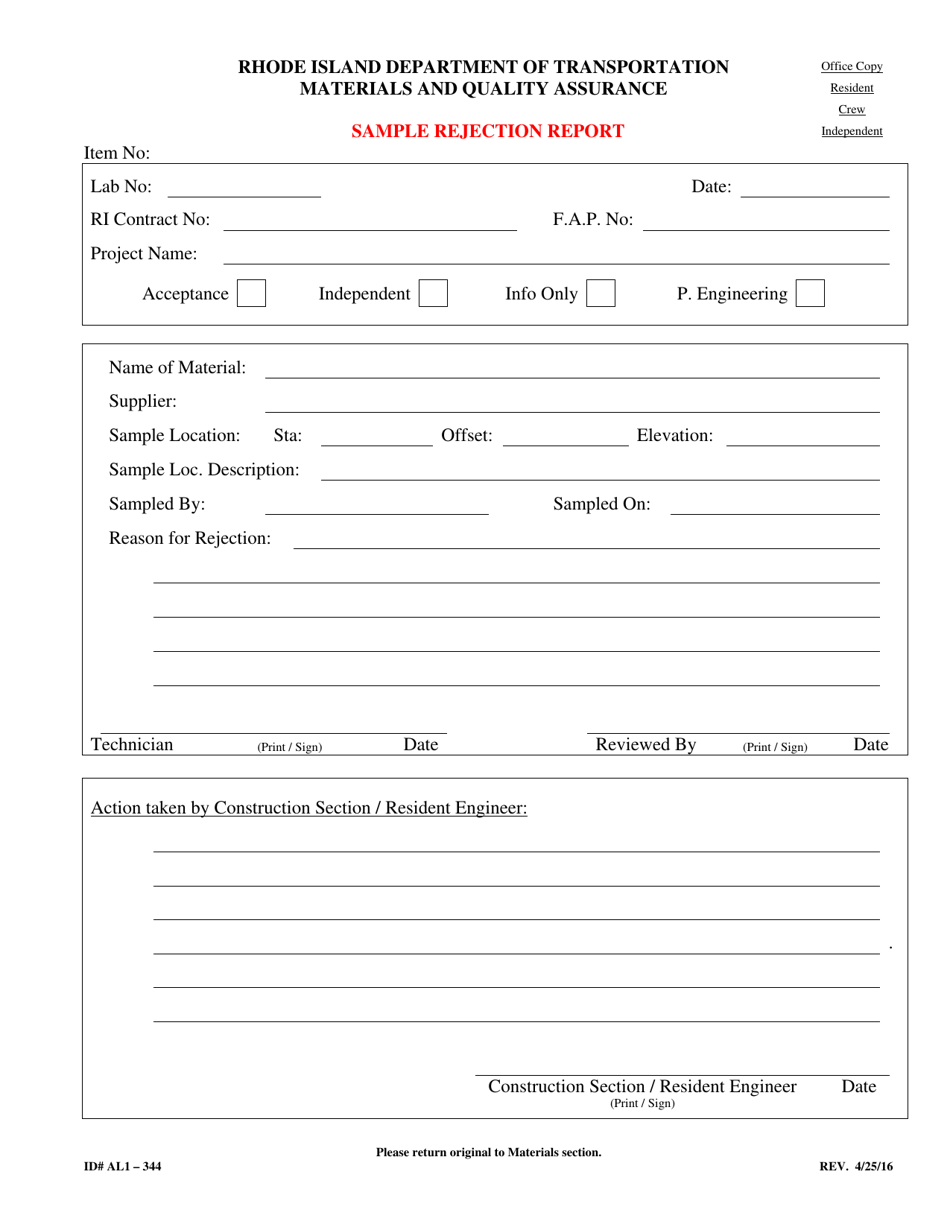 Form 344-AL1 Sample Rejection Report - Rhode Island, Page 1