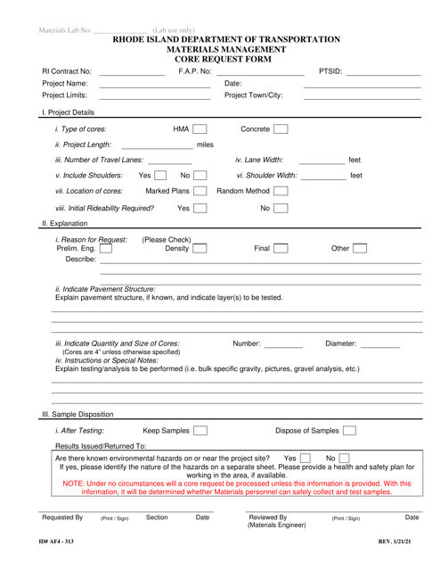 Document preview: Form 313-AF4 Core Request Form - Rhode Island