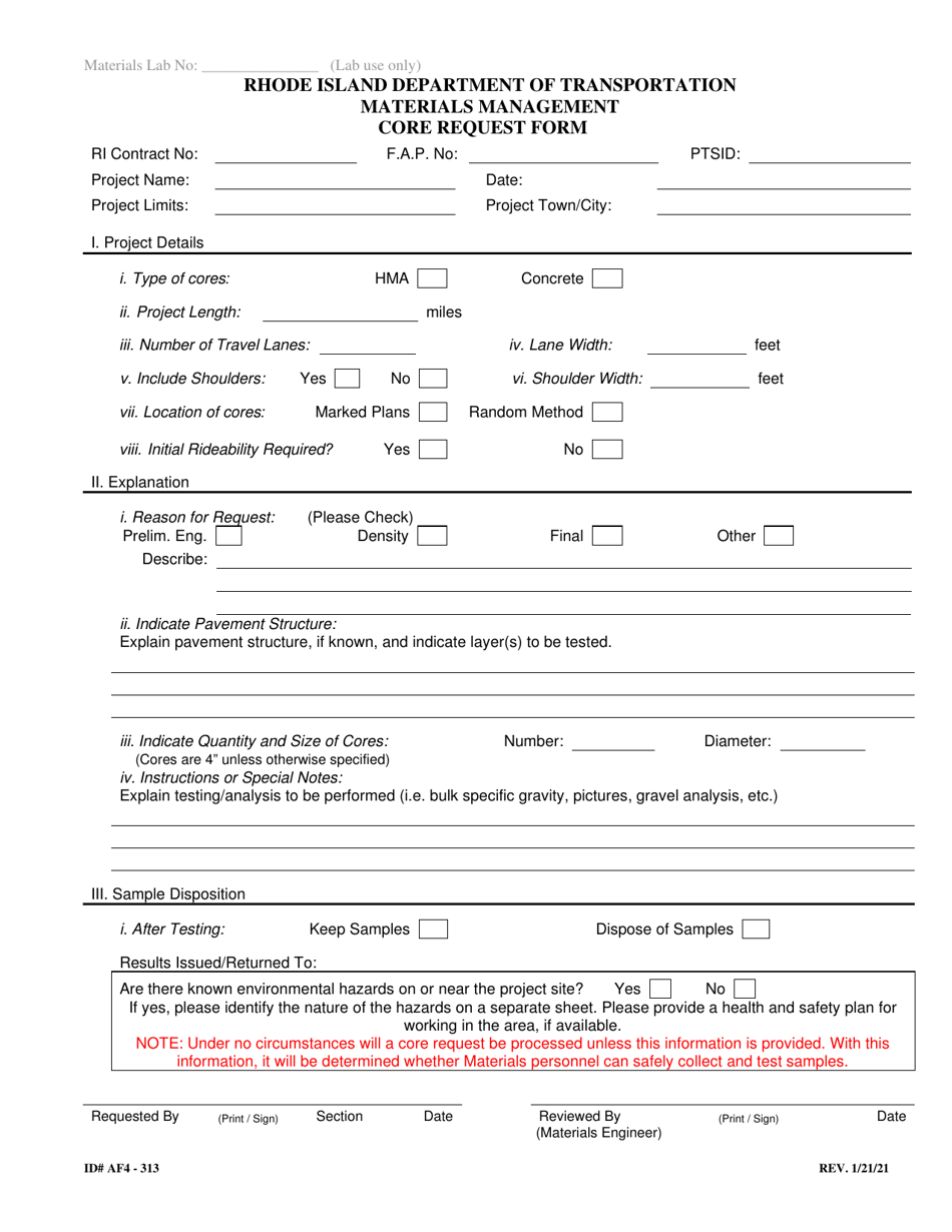 Form 313-AF4 Core Request Form - Rhode Island, Page 1
