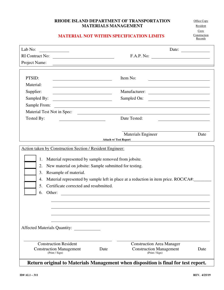 Form 311-AL1 Material Not Within Specification Limits - Rhode Island, Page 1