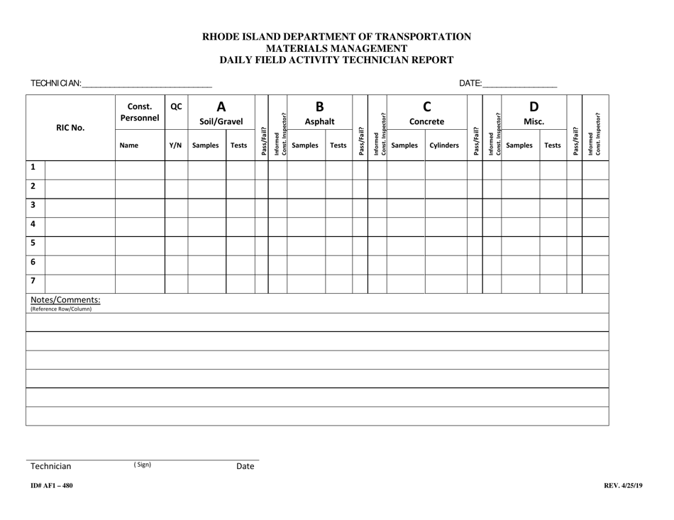 Form 480-AF1 Daily Field Activity Technician Report - Rhode Island, Page 1