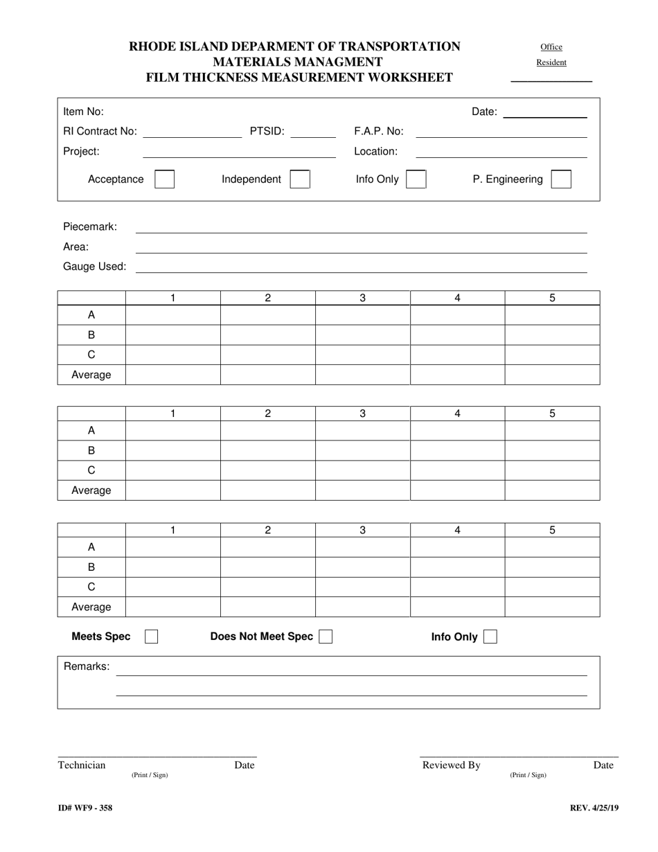 Form 358-WP9 Film Thickness Measurement Worksheet - Rhode Island, Page 1