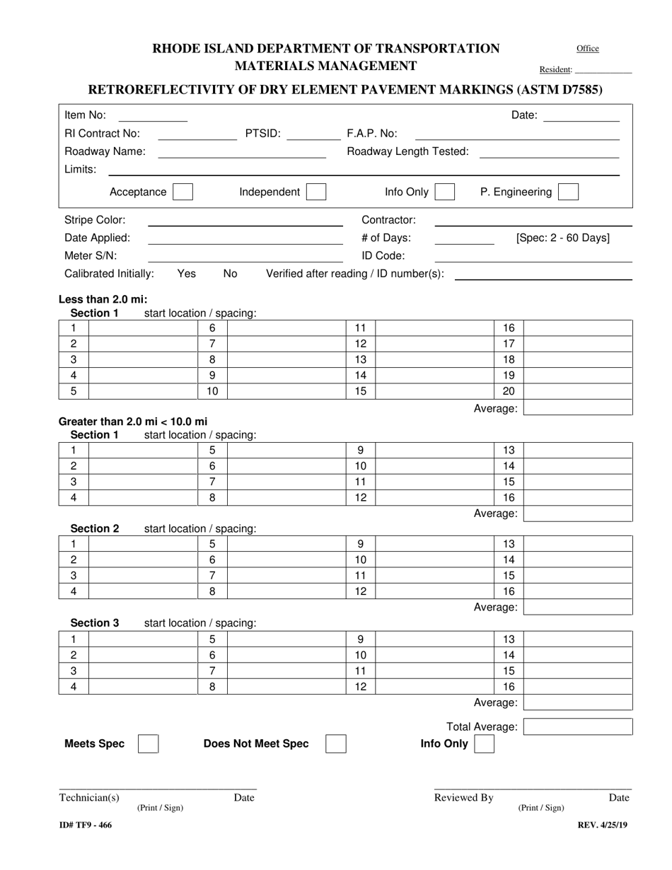 Form 466-TF9 Retroreflectivity of Dry Element Pavement Markings (Astm D7585) - Rhode Island, Page 1
