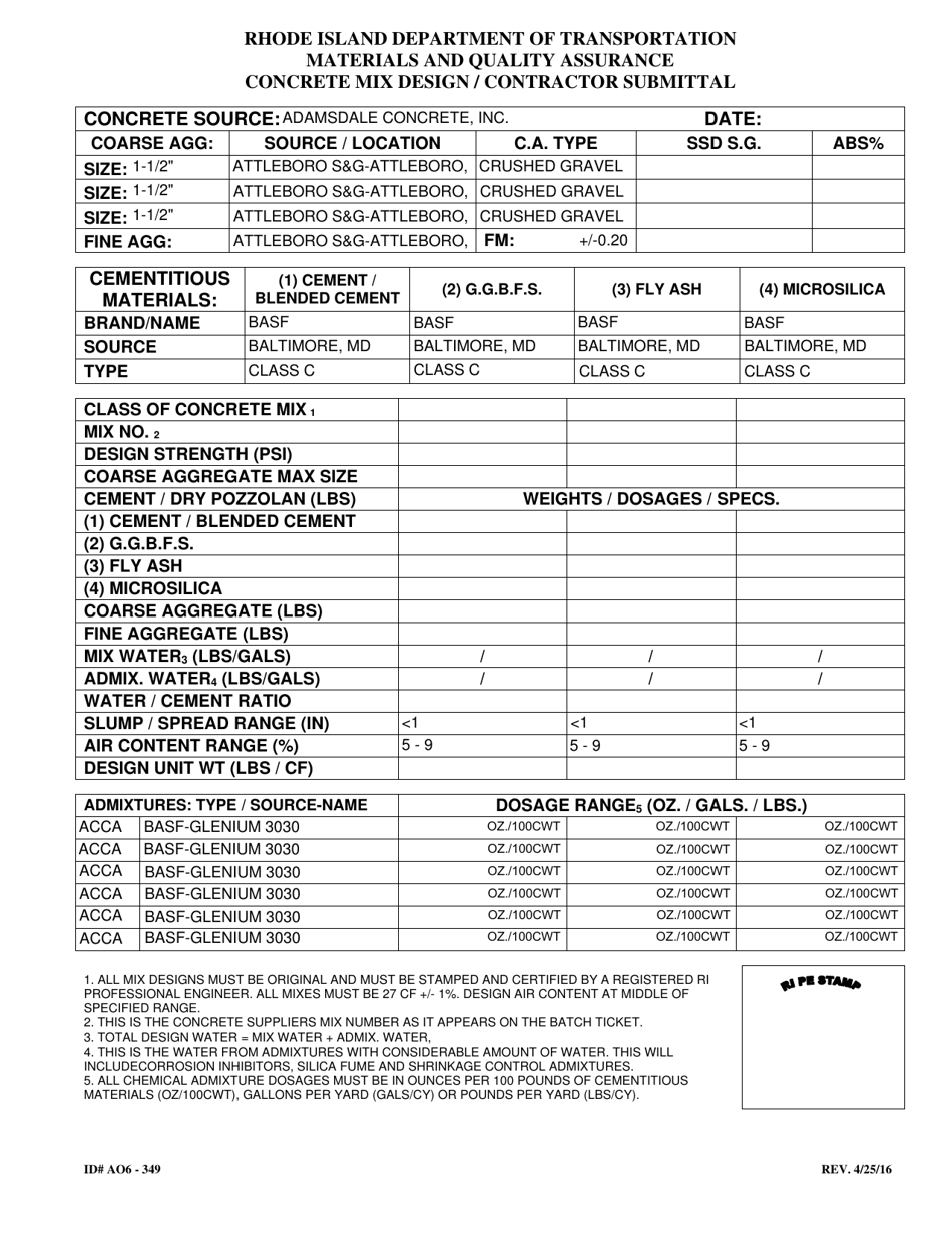 Form 349-AO6 Concrete Mix Design / Contractor Submittal - Rhode Island, Page 1