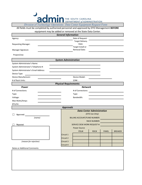 Data Center Equipment Request Form - South Carolina Download Pdf