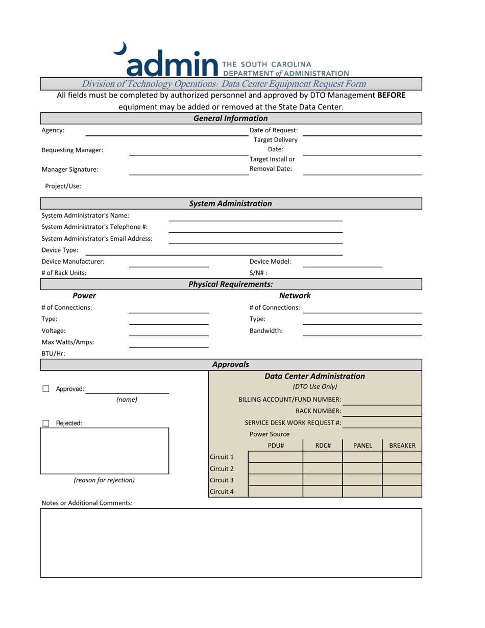 Data Center Equipment Request Form - South Carolina, Page 1