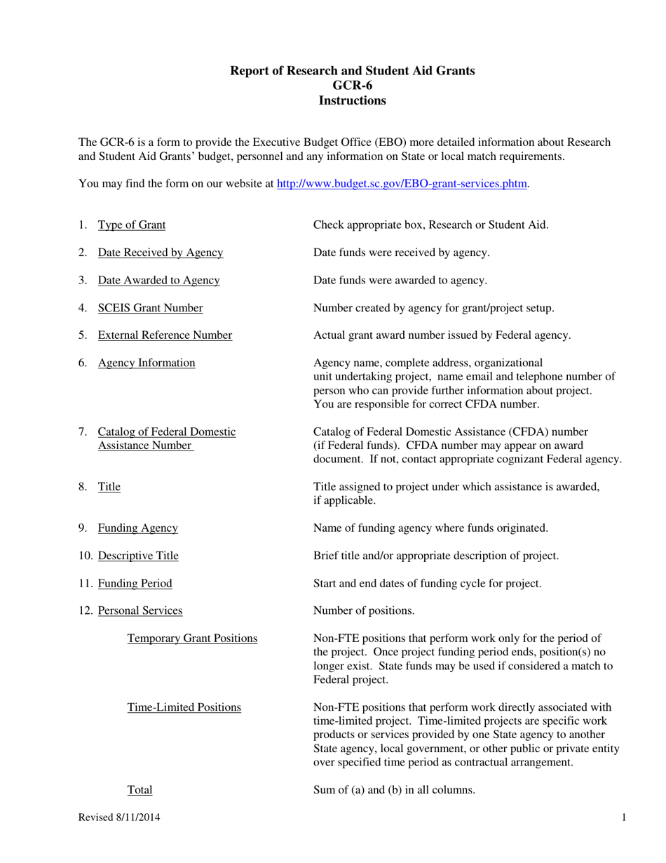 Instructions for Form GCR-6 Report of Research and Student Aid Grants - South Carolina, Page 1