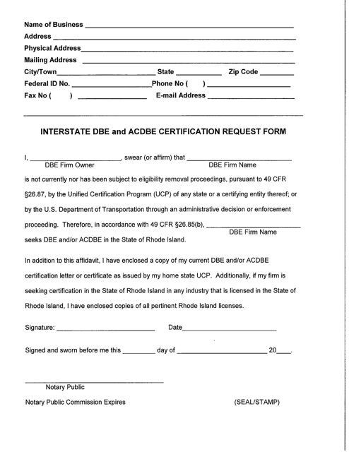 Interstate Dbe and Acdbe Certification Request Form - Rhode Island Download Pdf