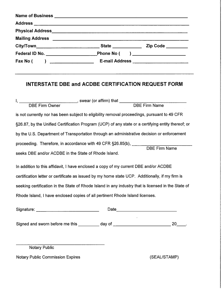 Interstate Dbe and Acdbe Certification Request Form - Rhode Island, Page 1