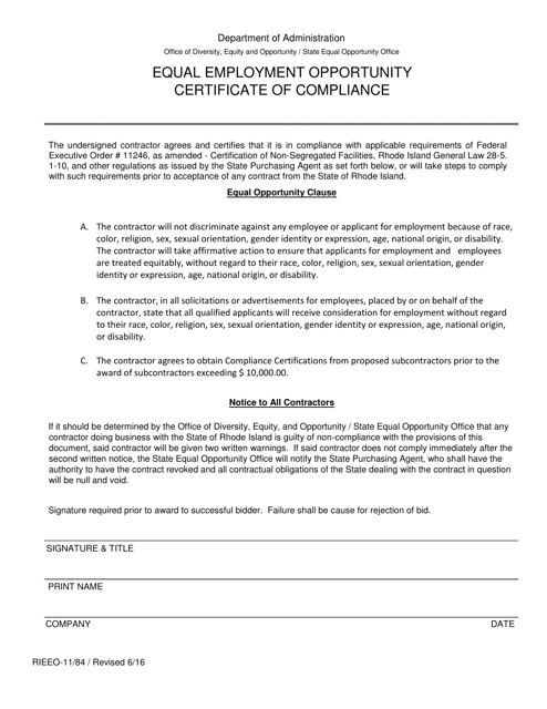 Form RIEEO-11/84 Certificate of Compliance - Equal Employment Opportunity - Rhode Island