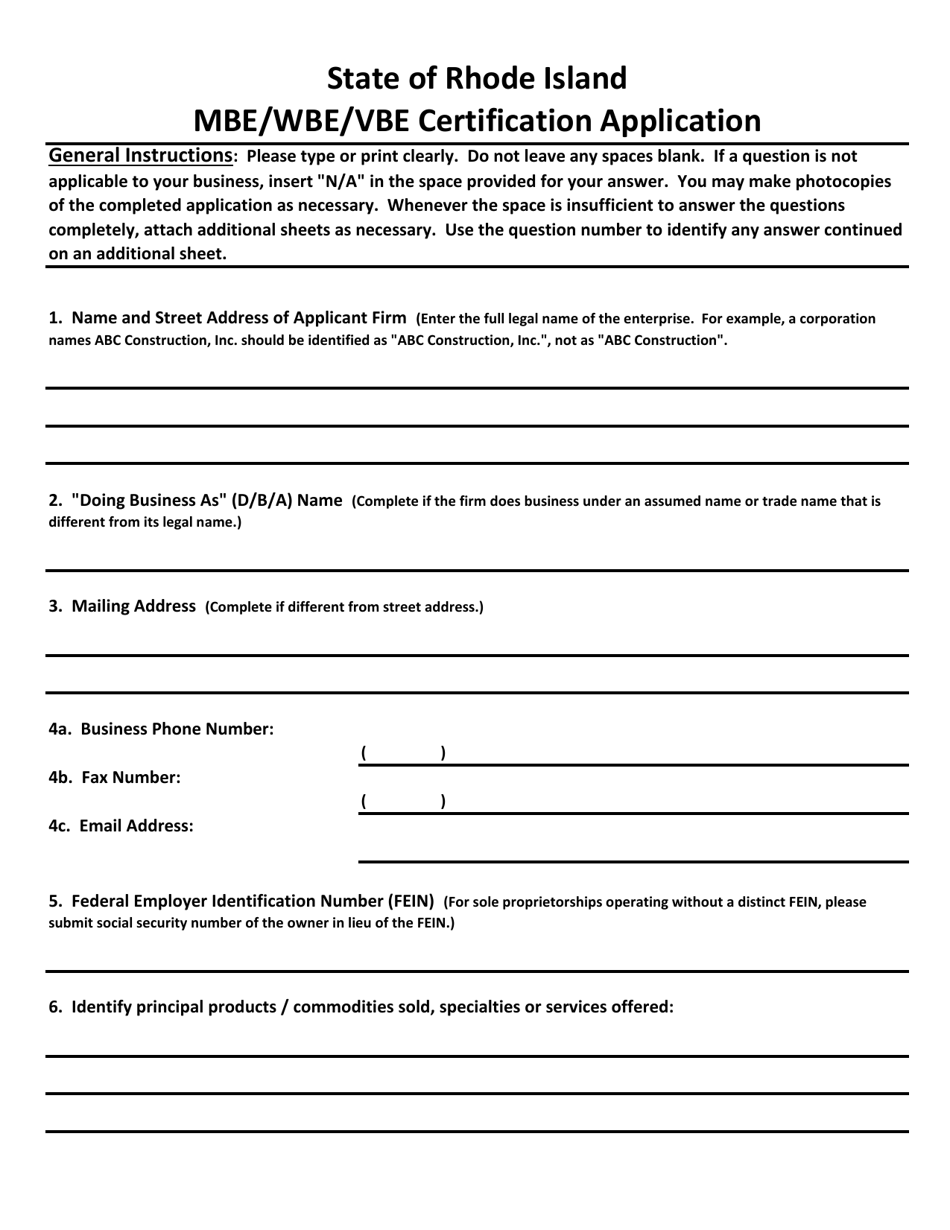 Mbe / Wbe / Vbe Certification Application - Rhode Island, Page 1