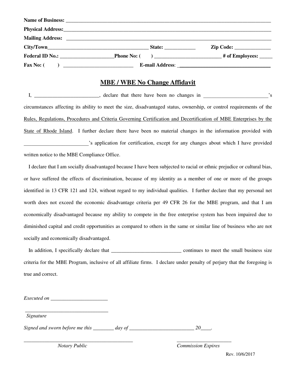 Mbe / Wbe No Change Affidavit - Rhode Island, Page 1