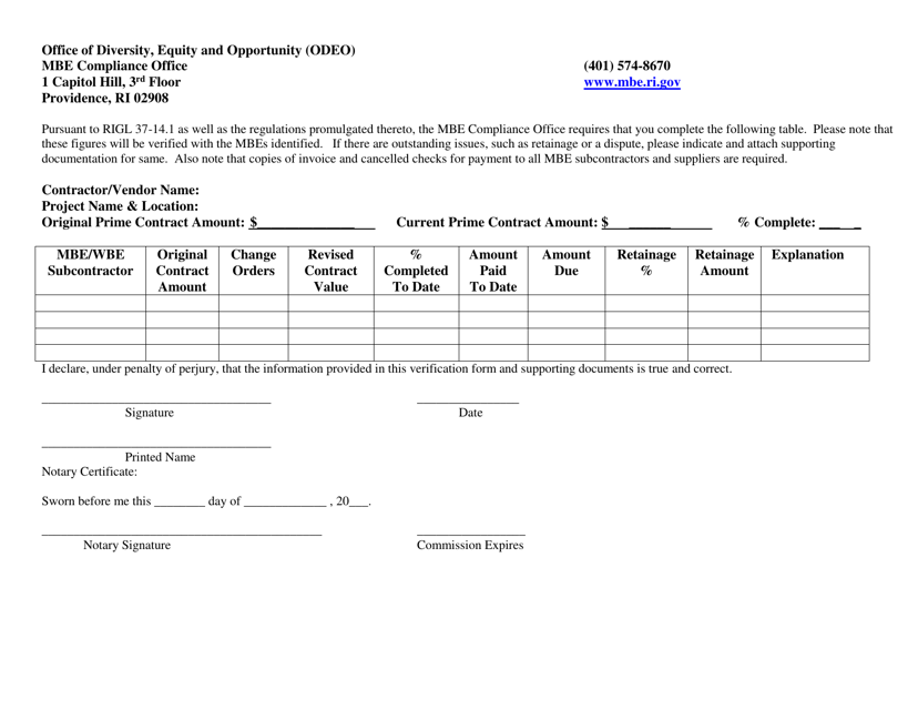 Mbe Project Reporting Form - Rhode Island Download Pdf