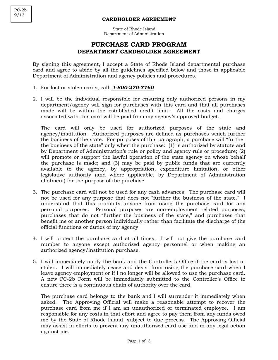 Form PC-2B Department Cardholder Agreement - Rhode Island, Page 1