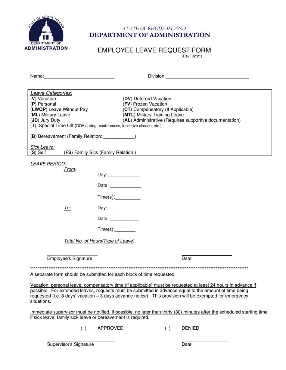 Employee Leave Request Form - Rhode Island, Page 1