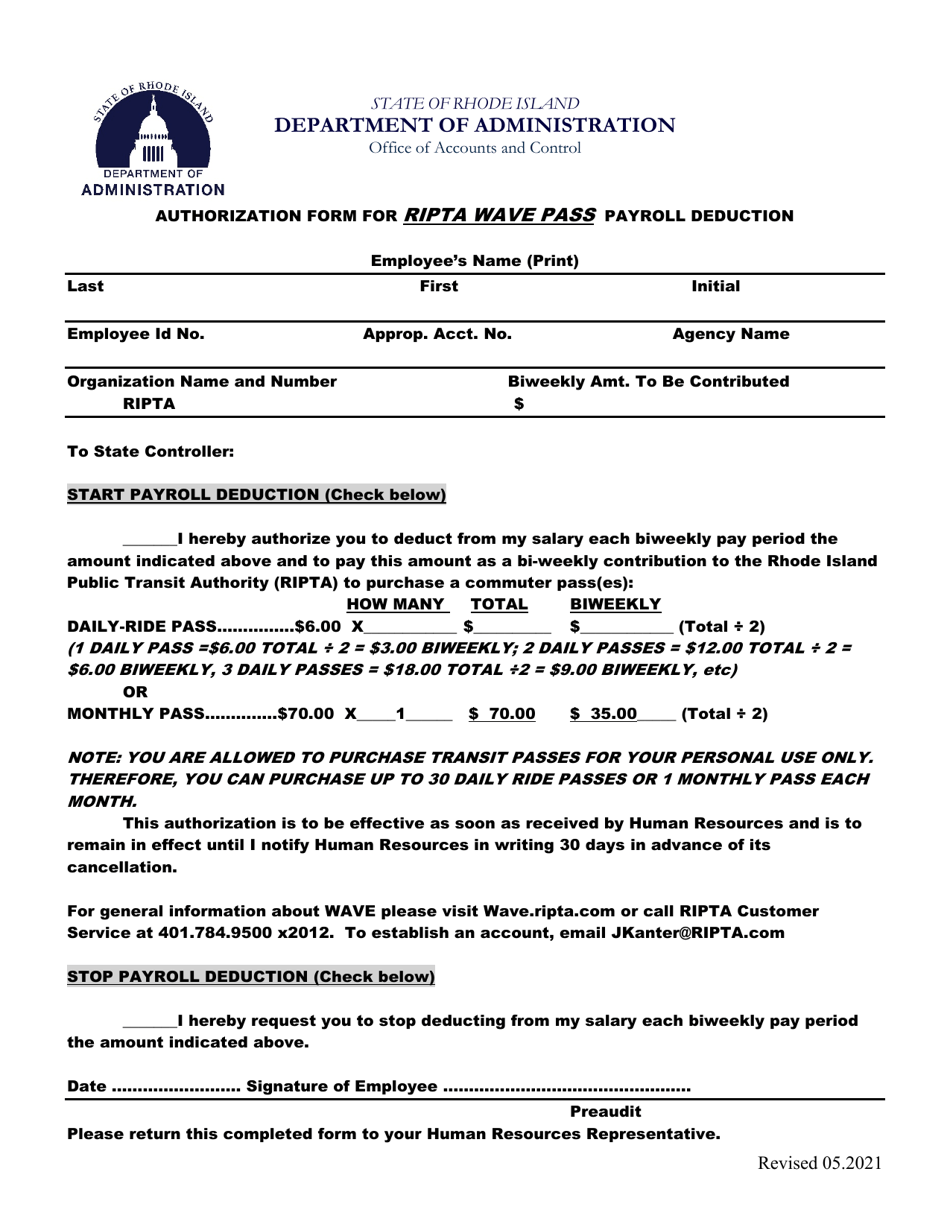 Authorization Form for Ripta Wave Pass Payroll Deduction - Rhode Island, Page 1