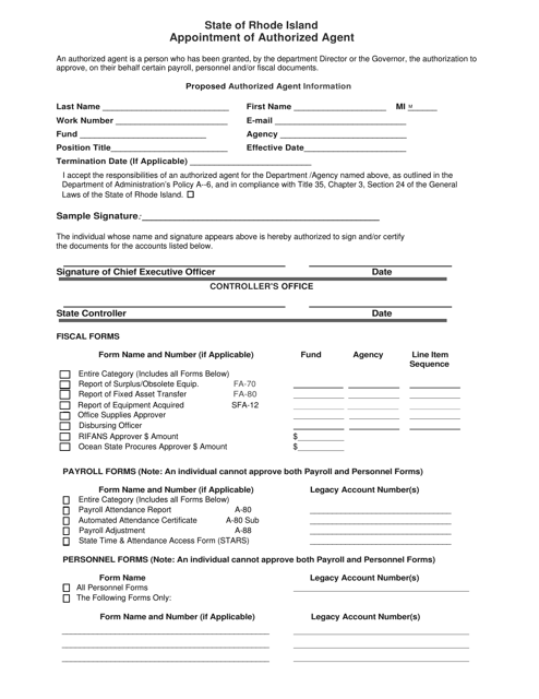 Appointment of Authorized Agent - Rhode Island Download Pdf
