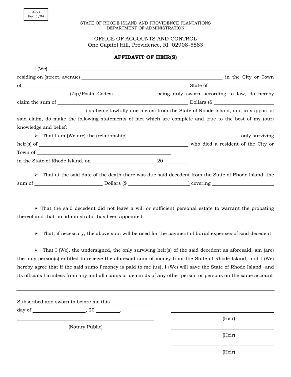 Form A-53 Affidavit of Heir(S) - Rhode Island, Page 1