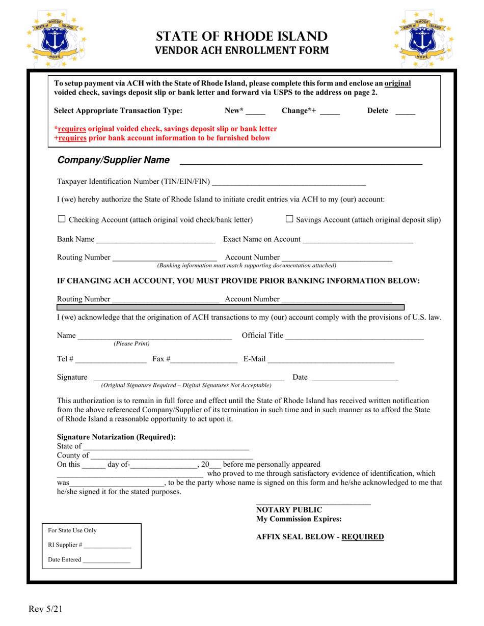 Vendor ACH Enrollment Form - Rhode Island, Page 1