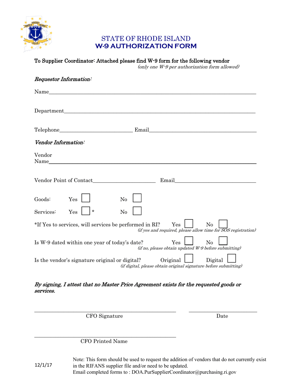 W-9 Authorization Form - Rhode Island, Page 1
