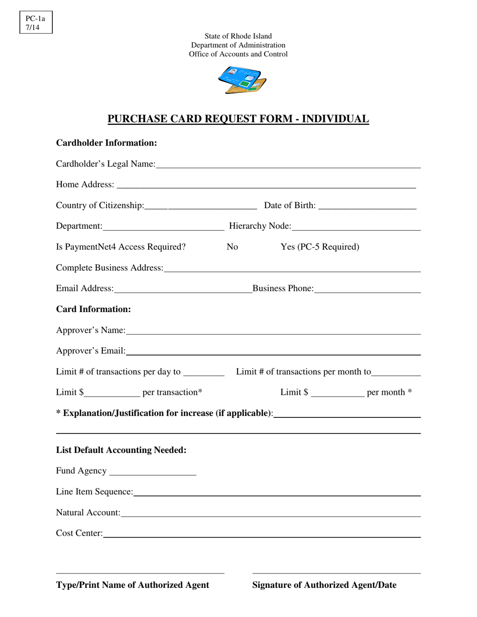 Form PC-1A Purchase Card Request Form - Individual - Rhode Island, Page 1