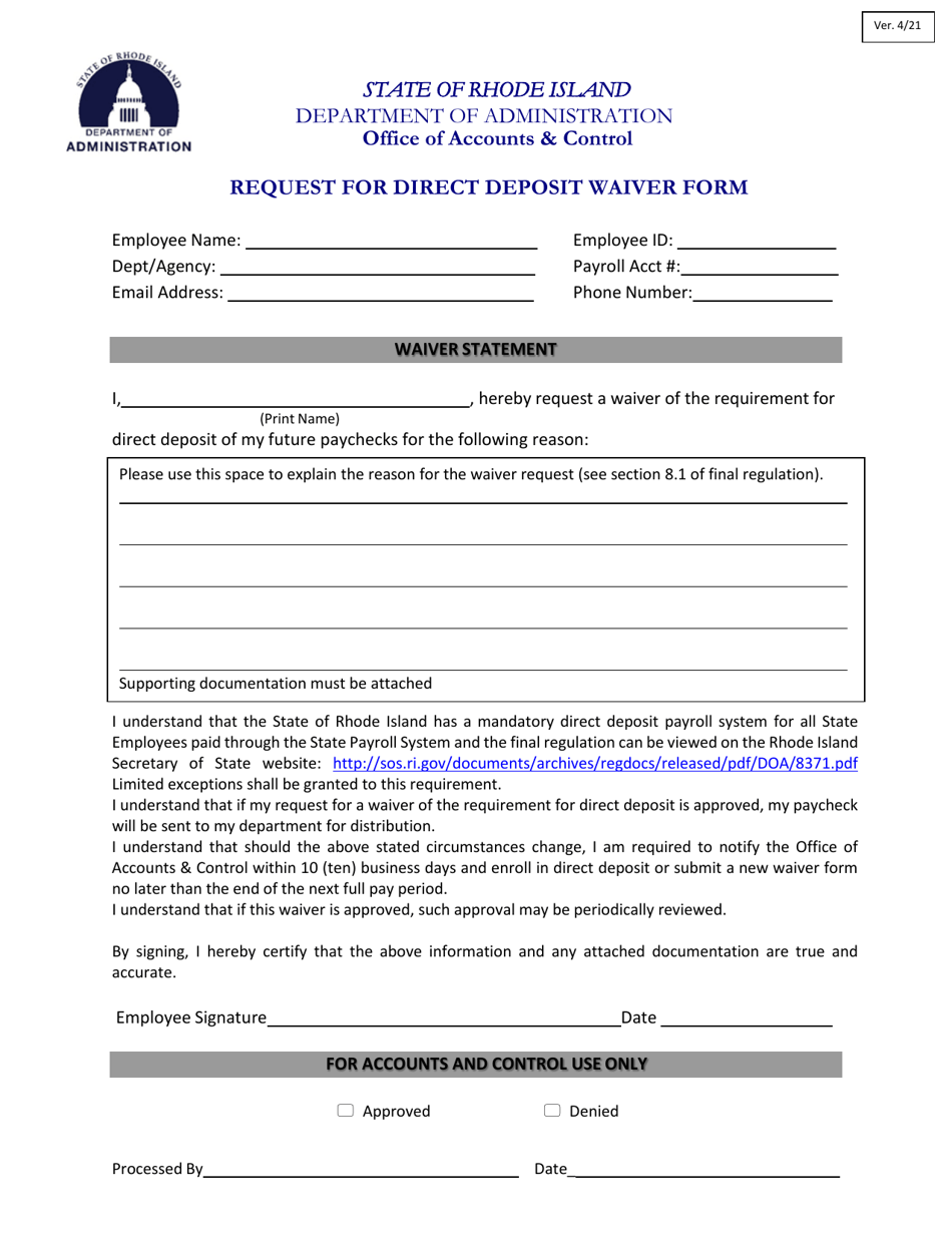Request for Direct Deposit Waiver Form - Rhode Island, Page 1