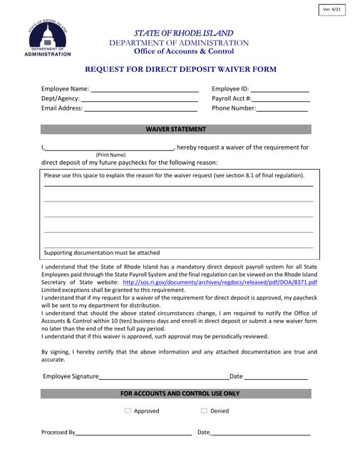 Request for Direct Deposit Waiver Form - Rhode Island